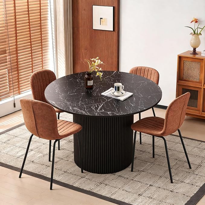 5 Piece Round Dining Table Set for 4, Mid Century Modern Faux Marble Kitchen Table and Chairs, Space-Saving Small Dinette Set (47 Inch Black Table+4 Brown Chairs) - Image 4