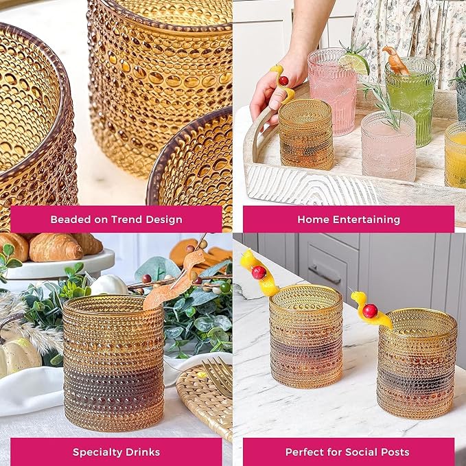 Kate Aspen Beaded Amber Drinking Glasses Set of 6-10 oz Vintage Glassware Set Jupiter Glasses, Cocktail Glass Set, Juice Glass, Water Cups Hostess Gift, Present, Gift for Newlyweds - Image 7