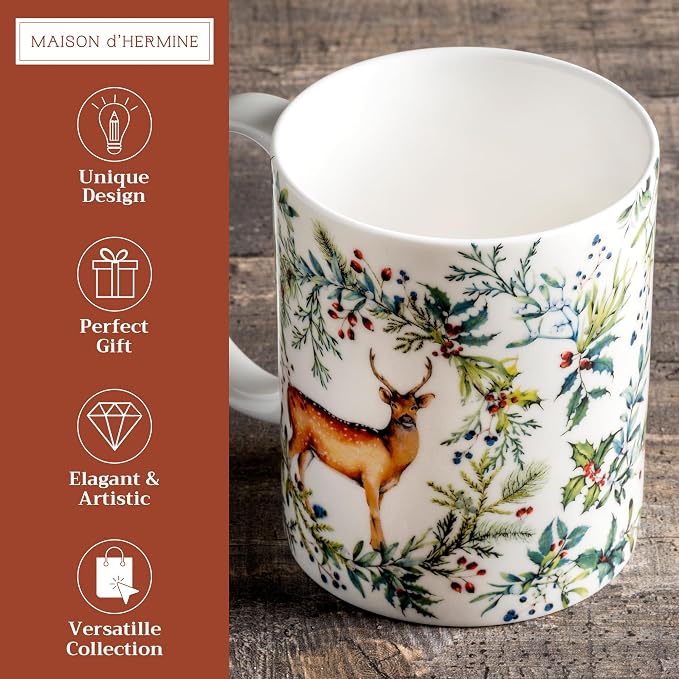 Maison d' Hermine Coffee Mug with Handles Tea Cups (15 Ounce, Pack of 1) | Fine Bone China Coffee Mugs for Hot Beverages Cappuccino Latte Home Restaurant Hotel Spring Summer -Holly Time - Biche - Image 2
