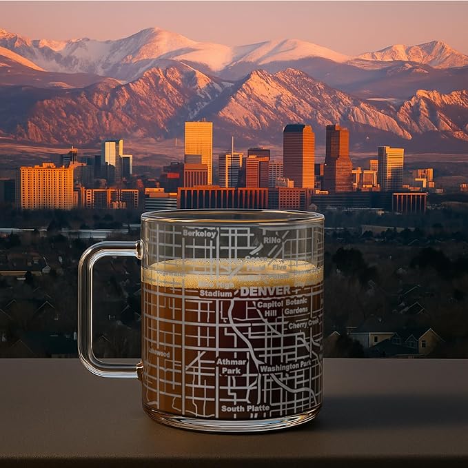 Greenline Goods – Denver, CO Map Glass Coffee Mugs (Set of 2), 16 oz – Etched Wrap Design