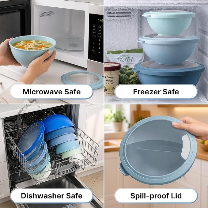 Zulay Kitchen 12 Piece Plastic Mixing Bowls with Lids Set - Leak-Proof Microwave & Freezer Safe Stackable Mixing Bowl Set for Preparing, Serving and Storing - Non-Slip Large Nesting Bowls (Blue Ombre) - Image 6