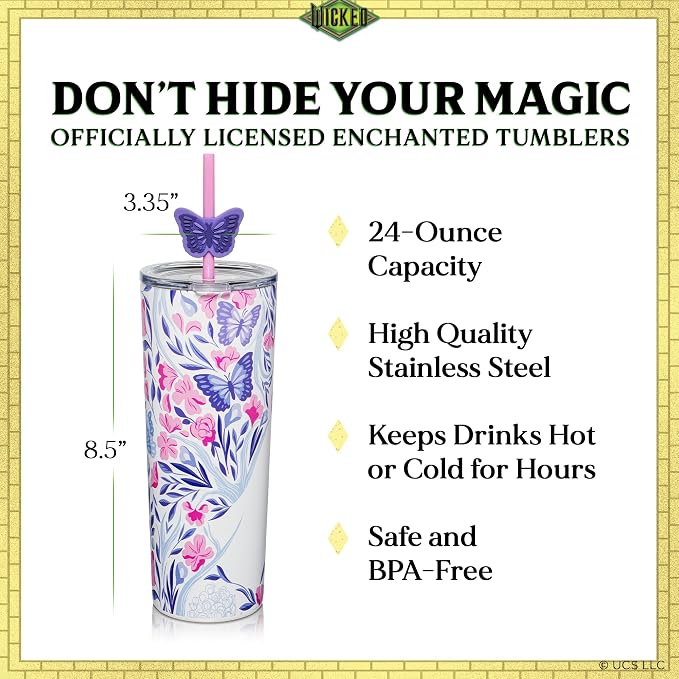 Dragon Glassware x Wicked: For Good Tumbler, 24 oz 2-Pack - Shadows | Set of 2 Vacuum Insulated Stainless Steel Wicked Cups with Lids & Straws; With Straw Charm; Official Wicked Merch - Image 3