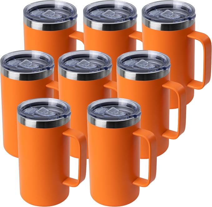 DOMICARE 24oz Mug with Handle and Lid, Stainless Steel Coffee Mug, Travel Mug with Handle, Double Wall Vacuum Coffee Tumbler, Reusable Insulated Cup, Orange, Pack 8 by VisittheDOMICARE