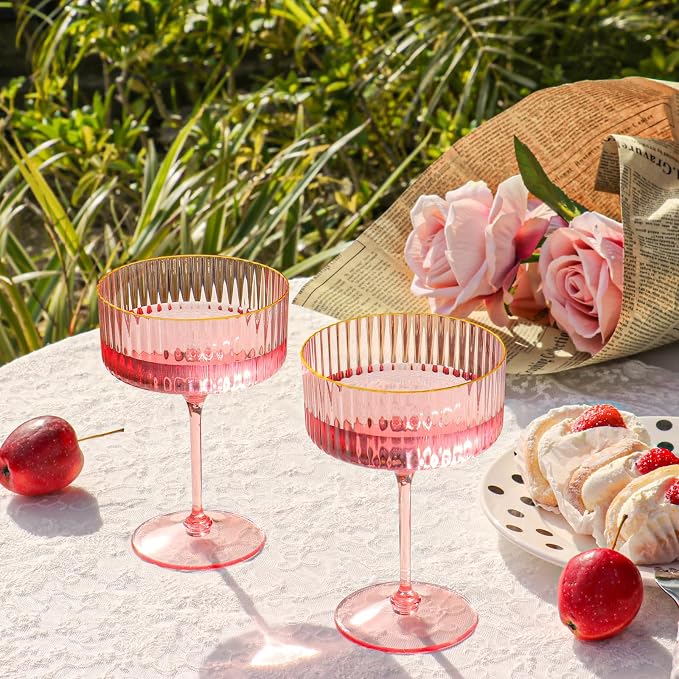 24 PCS Ribbed Coupe Glasses Pink Plastic Champagne Coupe Cup 10oz Detachable Gold Rim Espresso Martini Glass Vintage Margarita Glassware Cocktail Glass for Wedding Bachelorette Party - Image 2