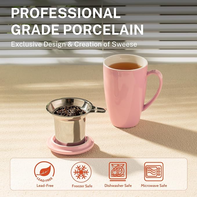 Sweese 15 OZ Porcelain Tea Mug with Infuser and Lid, Loose Leaf Tea Cup, Gifts for Tea Lover, Pink - Image 3
