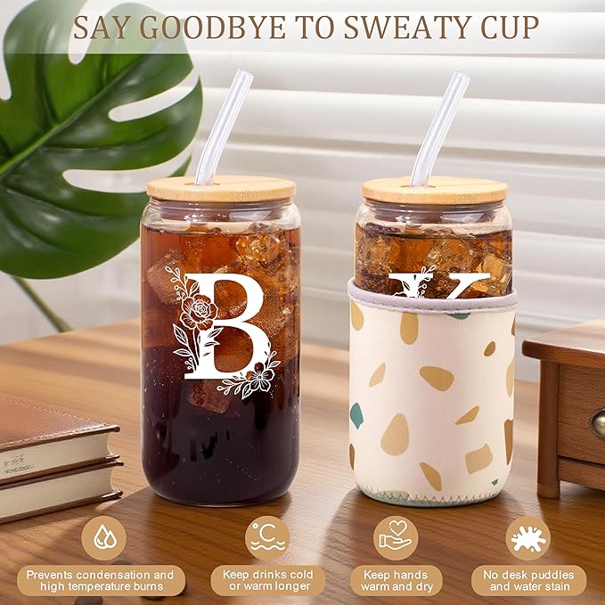 Personalized Gifts for Women, Monogrammed Gifts for Women, Initial 16 oz Glass Cups With Lids and Straws, Customized Mug, Personalized Birthday Gifts Christmas Gifts for Her Mom Friend Woman, B
