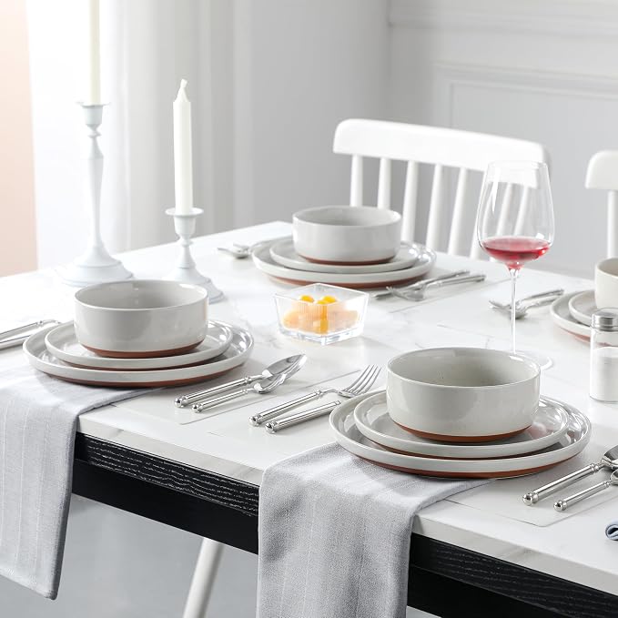 MALACASA Plates and Bowls Sets, 12 Pieces Modern Stoneware Dinnerware Set for 4 Kitchen Dinner Set Ceramic Dishware Dishes Set Microwave and Dishwasher Safe, Grey, Series TARA - Image 5