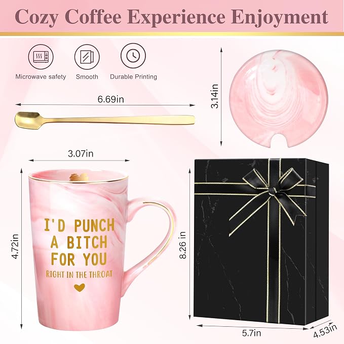 Best Friend Birthday Gifts for Women, I'd Punch A Bitch For You Funny Friendship Coffee Mug, Galentine Christmas Birthday Gifts for BFF Sister Girlfriend,14oz Pink Marble Gold Print Mug & Gift Box - Image 4