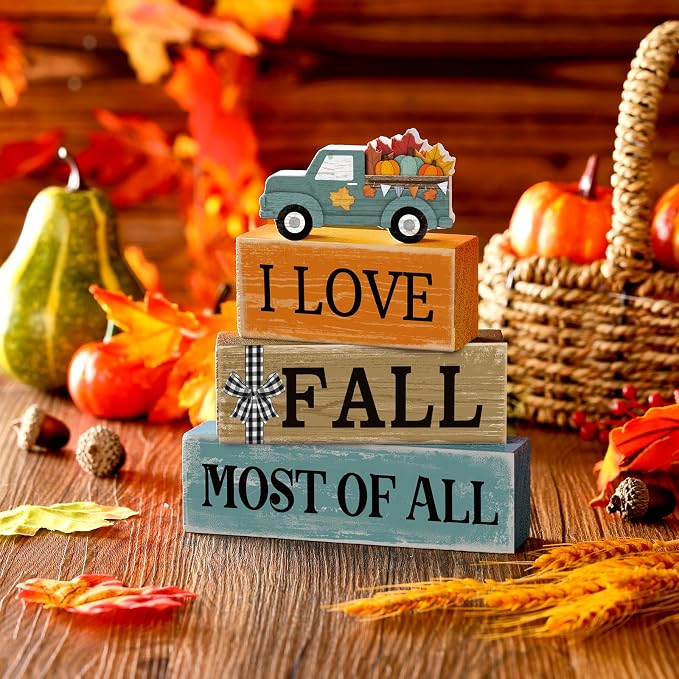 4 Pcs Thanksgiving Decoration for Home Fall Truck Decor Fall Tiered Tray Decor Rustic Wooden Truck Block Sign Gift Thanksgiving Centerpiece Autumn Table Decorations for Harvest Party Kitchen Home - Image 2
