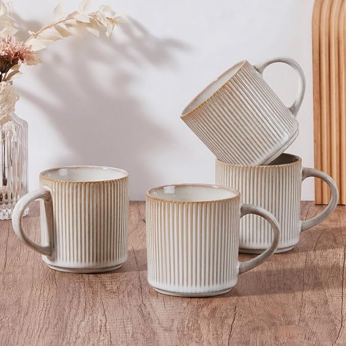 E-far Coffee Mugs Set of 4, 12 oz Stoneware Coffee Cups with Handle for Latte, Tea, Cocoa, Milk, Modern Ribbed Ceramic Mugs for Man Woman, Microwave & Dishwasher Safe, Creamy Beige by E-far