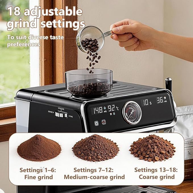Semi-Automatic Espresso Machine with Grinder,20 Bar Pressure Espresso Maker,18 Grind Settings,2-in-1 Coffee Machine with Milk Frother for Home Barista - Image 3