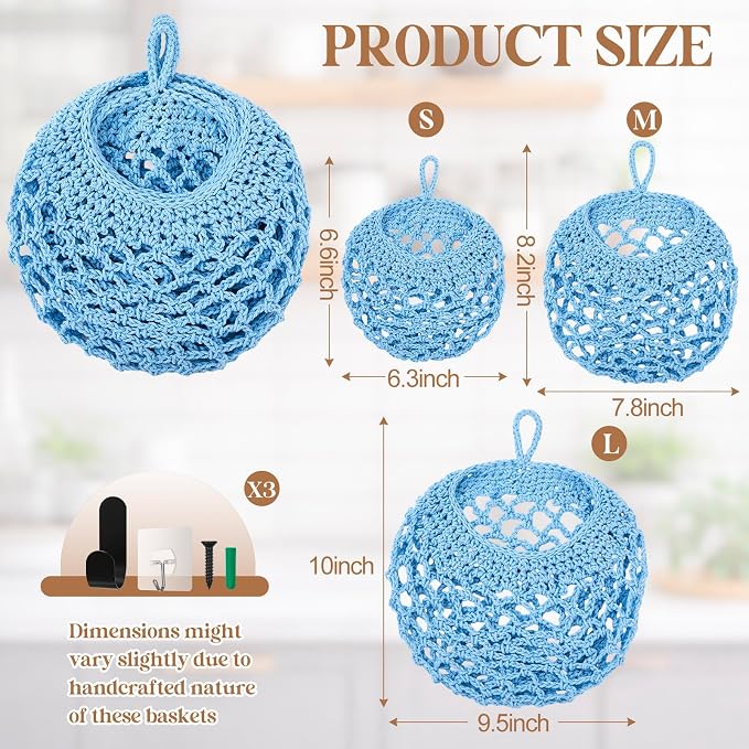 Honeydak Boho Decor Hanging Wall Baskets for Kitchen 3 Pack Teardrop Baskets with Hooks Storage Fruit Onion Vegetable Potato for Home(Light Blue,Crochet,Cotton Rope) - Image 2
