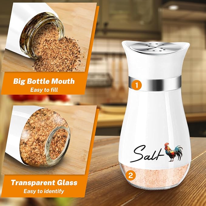 Arrozon Rooster Salt and Pepper Shakers - 4 oz Glass Set, Steel Lids | Rooster Design with Glass Bottoms and Stainless Steel Lids Adds Farmhouse Charm to Kitchen Counters and Makes Refilling Easy. - Image 3