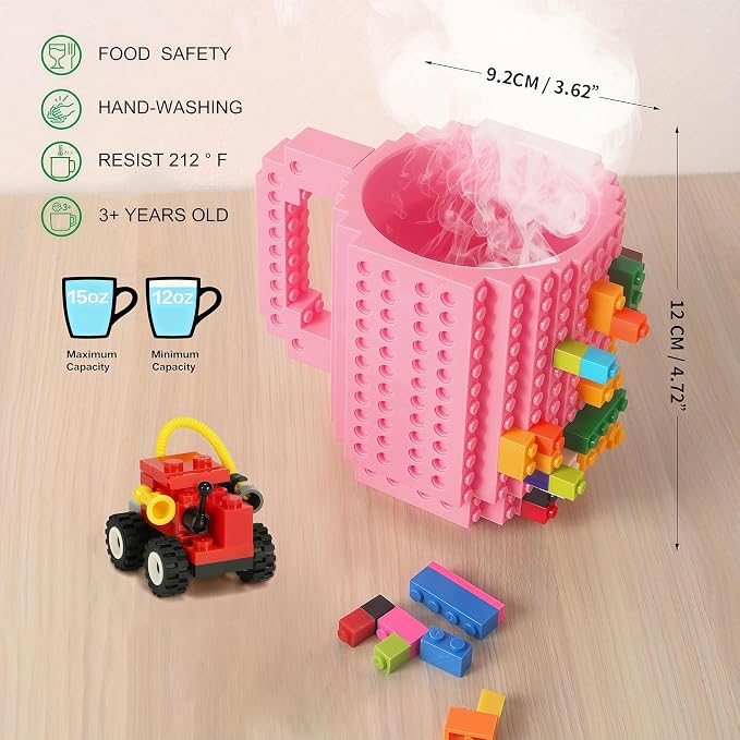 Lumsburry Build-on Brick Coffee Mug, Funny DIY Unique Novelty Drinking Cup | Building Blocks Creative Mug, for Men Women Kids Dad Mom, Present Exchange Ideas, Xmas Birthday White Elephant(Pink) - Image 2