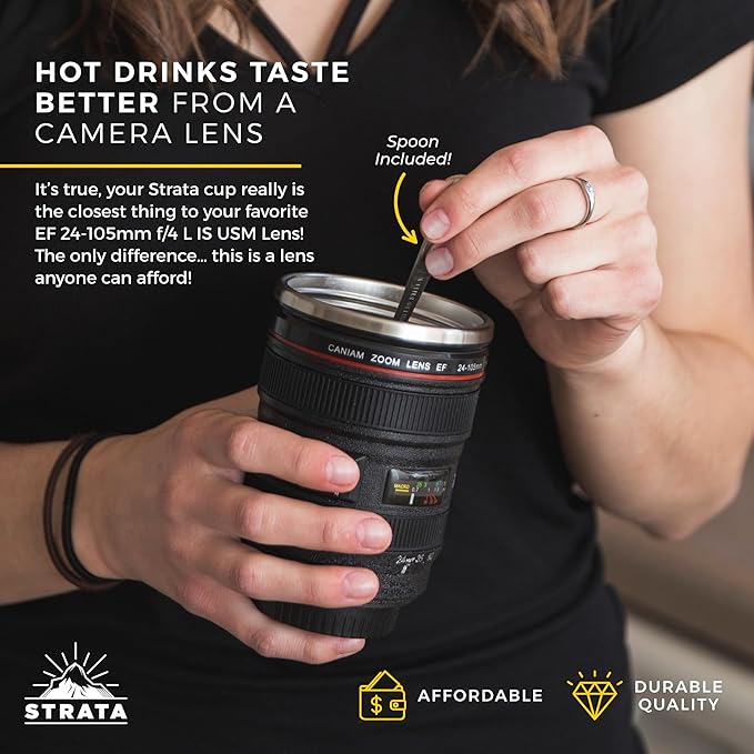 STRATA CUPS Camera Lens Coffee Mug -13.5oz | (2 LIDS + SPOON + BAG) Gift for Him, Dad Gifts, Photography, Camera accessories, Novelty Gifts - Image 6