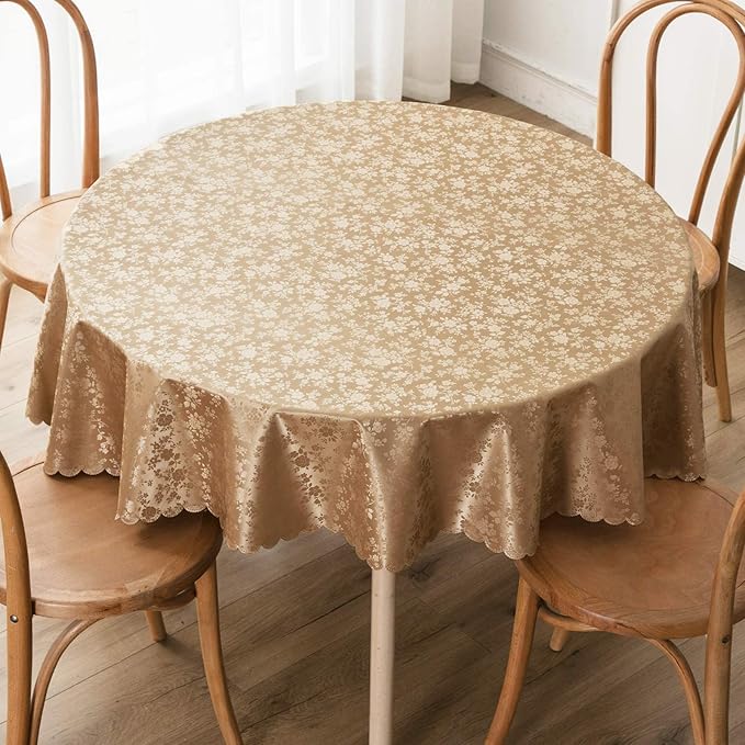 Smiry Round Waterproof Heavy Duty Vinyl Tablecloths, 70 x 70 Inch | Wipeable Washable Floral Embossed Table Cover for Kitchen and Dining Room, Indoor & Outdoor Use, Brown - Image 2