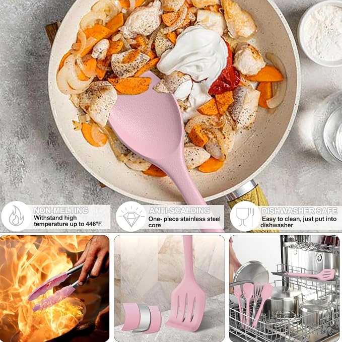 Umite Chef 22-Piece Silicone Cooking Utensils Set, Heat Resistant & Dishwasher Safe Kitchen Tools, Non-Scratch Spatula Set for Nonstick Cookware (Pink) - Image 4