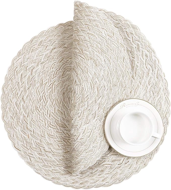 SHACOS Round Braided Placemats 15 inch Set of 6 Boho Thick Washable Kitchen Table Placemats for Home Wedding Party (T-Ivory, 6) - Image 4