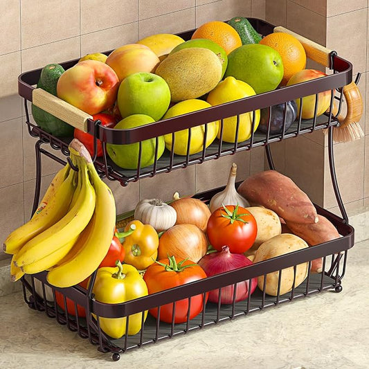 2-Tier Fruit Basket with Banana Hangers, Detachable Metal Bowl by Sevenblue
