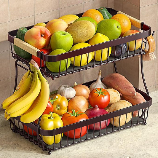 2-Tier Fruit Basket with Banana Hangers, Detachable Metal Bowl | Wooden handle, protective mats included. Versatile holder for bread, snacks, and veggies. Extra Large 2 tier metal design. by Sevenblue