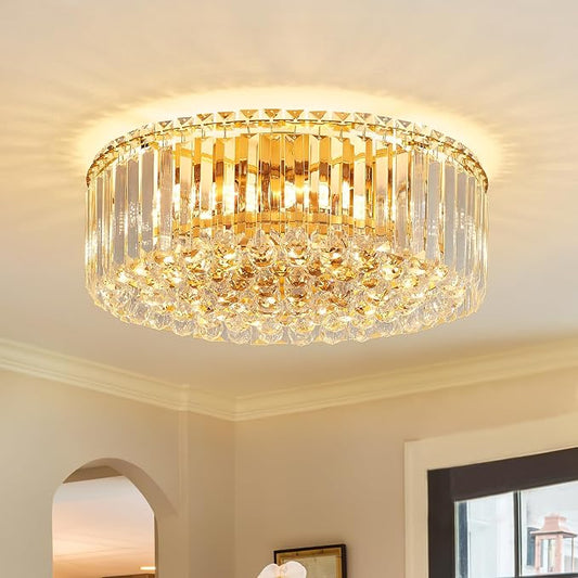 17.3" Gold K9 Crystal Raindrop Flush Mount Ceiling Light, Modern Chandelier, Round Luxury Light Fixture for Dining Room, Bedroom, Hallway, Kitchen Island & Living Room by Faibra