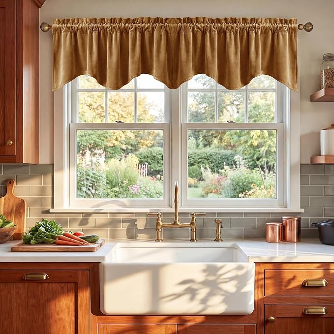 Gold Brown Fall Decor Scalloped Valance 52x18 Inch 1 Panel | Autumn Vintage Velvet Wavy Cafe Curtains for Kitchen, Warm Tone Window Treatment for Living Room, Basement by StangH