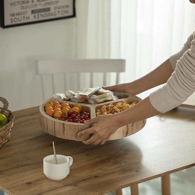 3 Sectional Wooden Snack Platter, Divided Serving Tray with Burned Black Finish, Lazy Susan Charcuterie Board for Dining Table, Kitchen, Nut or Snack Serving - Image 2