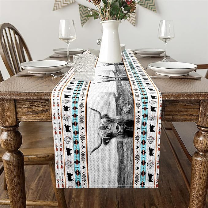 jejeloiu Highland Cow Home Decor for Living Room Dresser Scarfs Dresser Runners Western Table Runner Kids Boho Western Seasonal Vintage Exotic Table Decoration for Kitchen Dinning 13" x 60" - Image 3