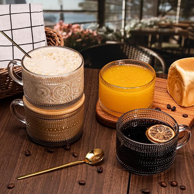 Vintage Coffee Mugs 4pcs Set, 14 Oz Glass Coffee Cups Gifts for Women, Overnight Oats containers with Bamboo Lids and Spoons,Clear Embossed Glass Cups,Cute Coffee Bar Accessories, Iced Coffee Glasses | Clear - Image 2