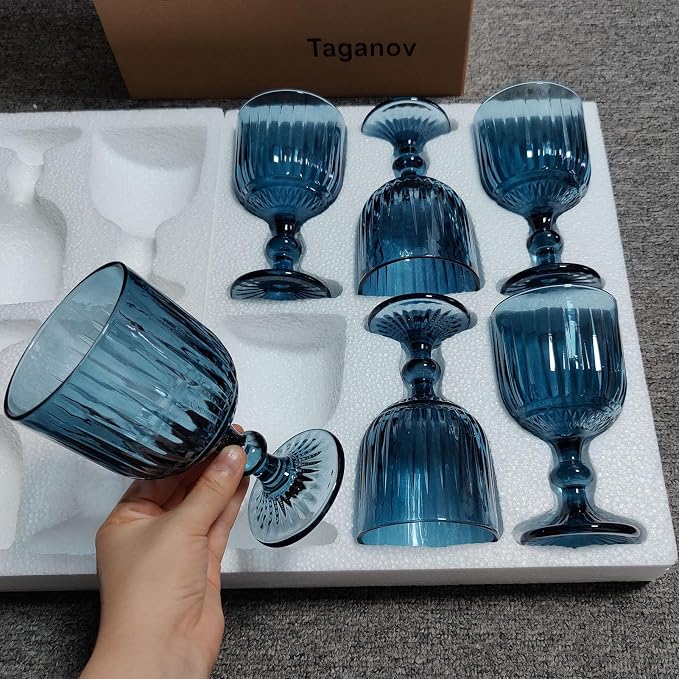 Taganov Blue Glasses Drinking Wine Water Goblets set of 6 Colored Stemware Vintage Glassware 11 ounce for Wedding Party Bar Vertical Embossed Pattern Stemmed Cups 330 ml - Image 3