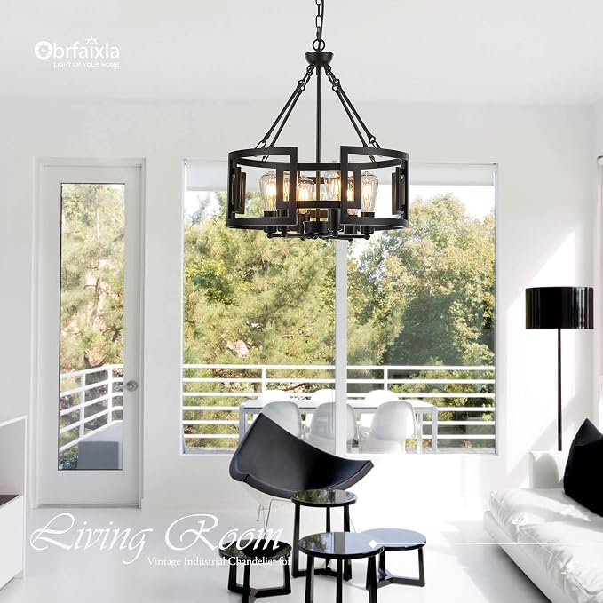 Modern 19.7" Black Chandelier for Dining Room Industrial Vintage Semi Flush Mount 6-Light Round Pendant Ceiling Light Fixture for Kitchen Bedroom Living Room Hallway Entryway Foyer - Image 7