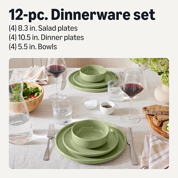 Amazon Basics Glazed Stoneware Dinnerware, 12-Piece Set, 4 Full Place Settings, Microwave and Dishwasher-Safe, Olive - Image 2