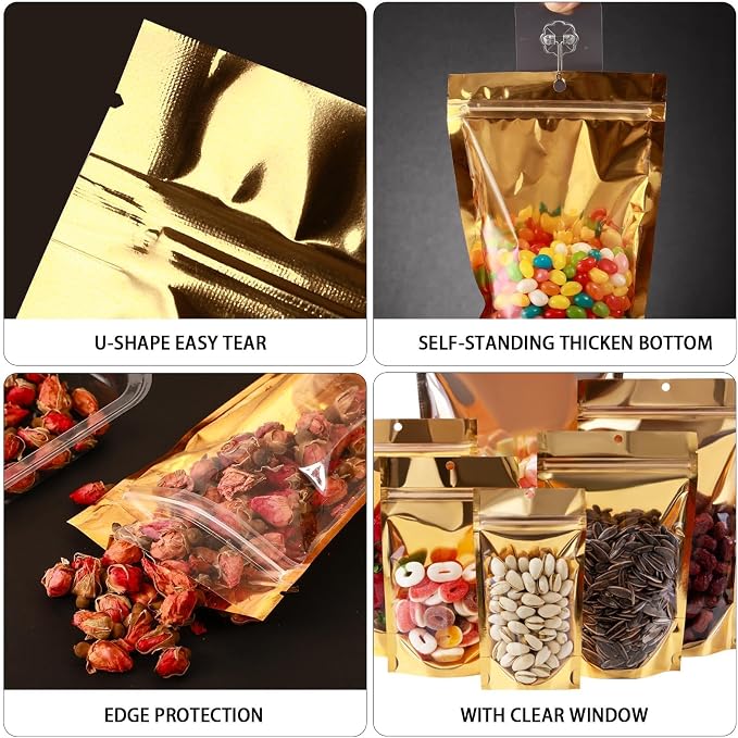 150 Pcs Mylar Bags for Food Storage, 8x12 Mylar Bag with Window Stand Up, Bulk Holographic Resealable Bags Smell Proof Bag Food Packaging for Small Business Freeze Dried Candy Jewelry Foil Packaging - Image 2