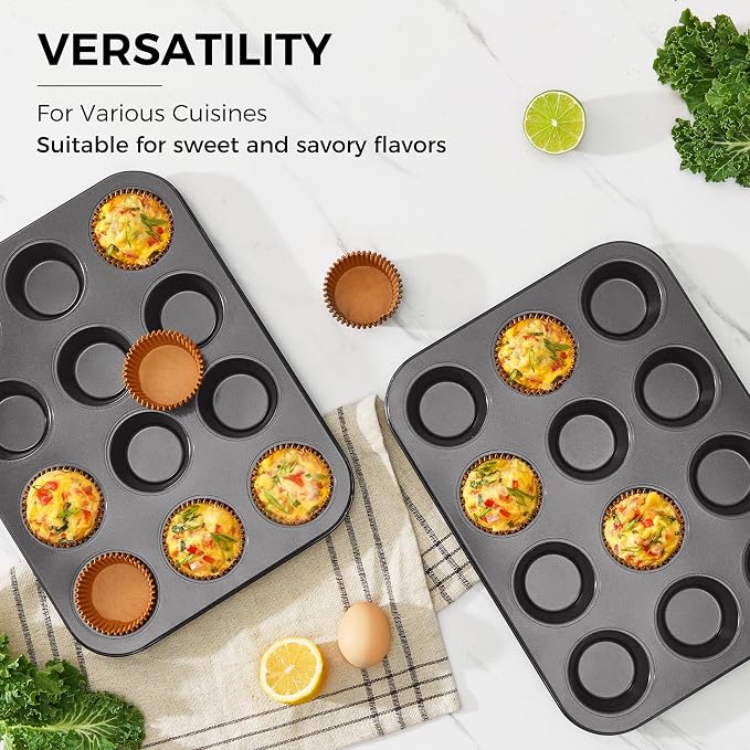 Muffin Pans with 120 Natural Parchment Liners, Nonstick Cupcake Baking Tray for Oven, Premium Standard Size, 12 Cup, 2 Pack, Dark Grey - Image 6