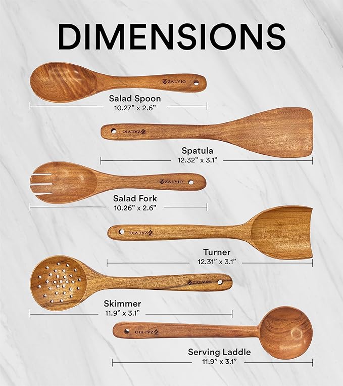 Zalvio 6-Piece Acacia Wood Cooking Utensil Set – Handmade Wooden Spoons & Spatulas | Heat-Resistant, Nonstick, Eco-Friendly Kitchen Tools