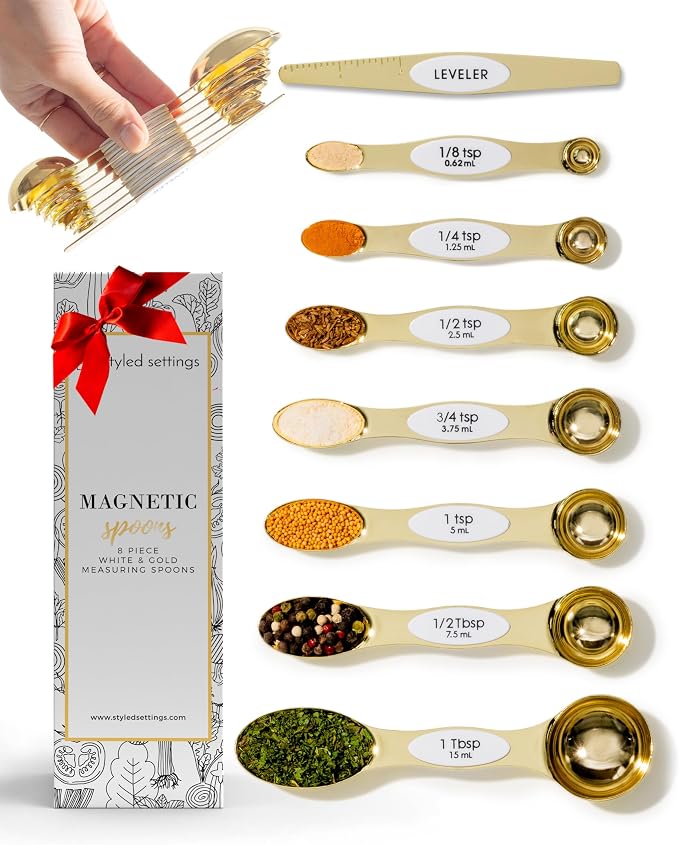 Styled Settings White and Gold Magnetic Measuring Spoons, 8-Piece | Stainless Steel Double Sided Measuring Spoons for Cooking and Baking - White and Gold Kitchen Accessories, Ideal for Gifting by STYLEDSETTINGS