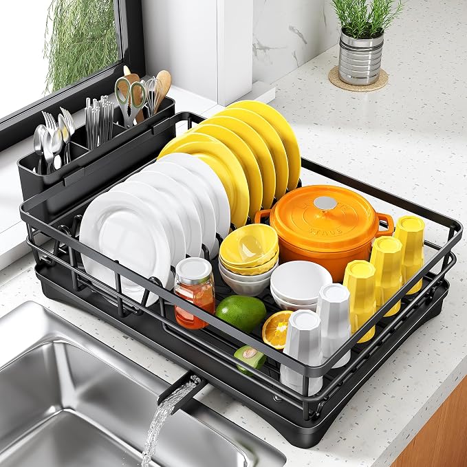 SNTD Dish Drying Rack for Kitchen Counter, 11.8" W x 16.7" L, Black | Rustproof Stainless Steel, Large Capacity, Self-Draining Drainboard, Rotating Spout, Removable Utensil Holder - Image 8