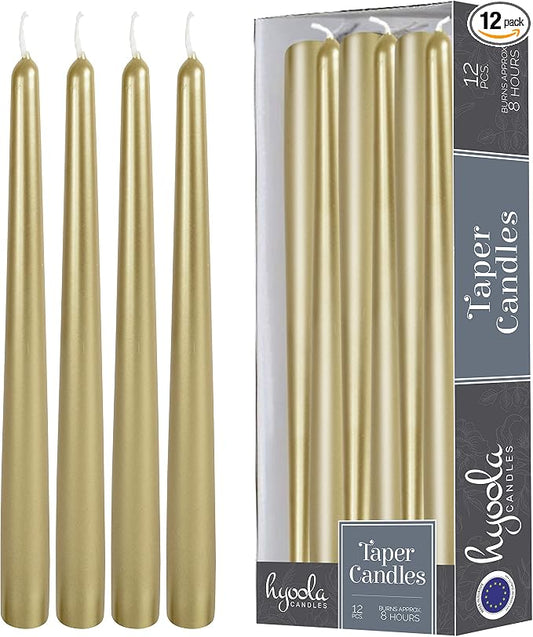 Hyoola Tall Metallic Cream Gold Taper Candles - 10 Inch - Dripless - 12 Pack - 8 Hour Burn Time by Hyoola
