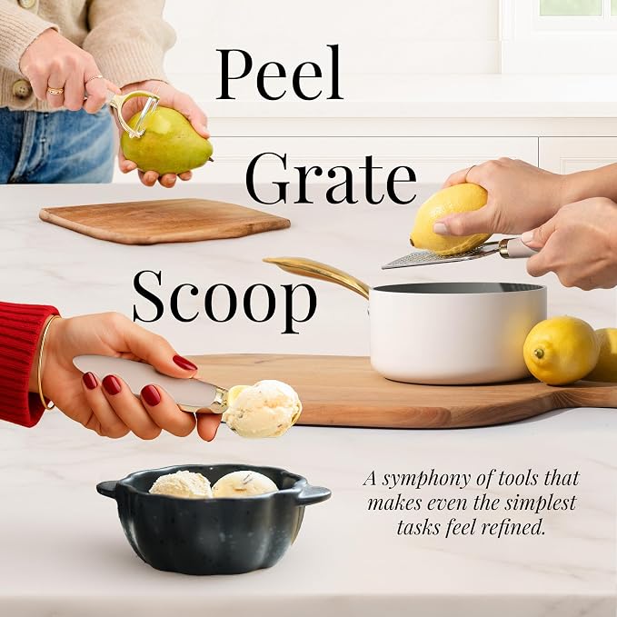Styled Settings Beige and Gold Kitchen Utensils Set, 8-Piece | Silicone, 8 PC Cooking Gadgets with Mini Gold, Pizza Cutter, Garlic Press, Cheese Grater, Peeler - Image 5