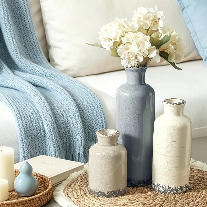 Ceramic Vase Set of 3, Neutral Flower Vases Home Decor, Pottery Rustic Farmhouse Decorative Vases Modern Decor for Table Mantel Entryway Bookshelf Living Room Kitchen Bedroom - Ocean - Image 6