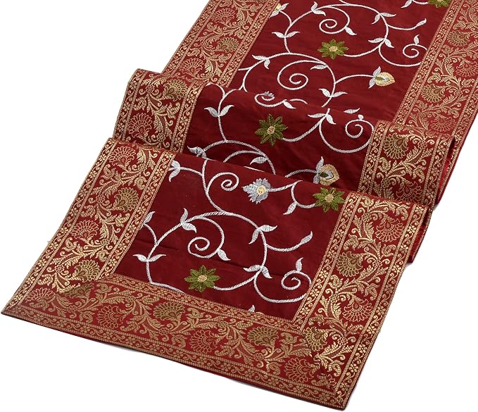 Indian Silk Table Runner Mate Cover Brocade Handmade Table Tapestry Tablecloth Maroon Color 152X42 Cm - Image 2