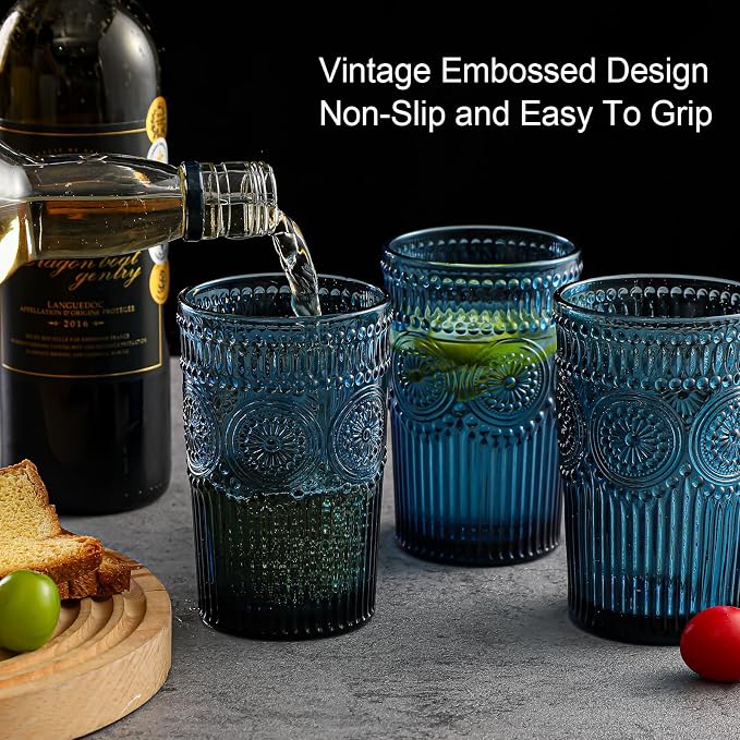 ZMOWIPDL Drinking Glasses Set of 6,13oz Flower Design Blue Glass Cups | Vintage Glassware,Textured Tumblers,Embossed Striped Drinkware for Water,Cocktails,Juice,Iced Coffee - Image 7