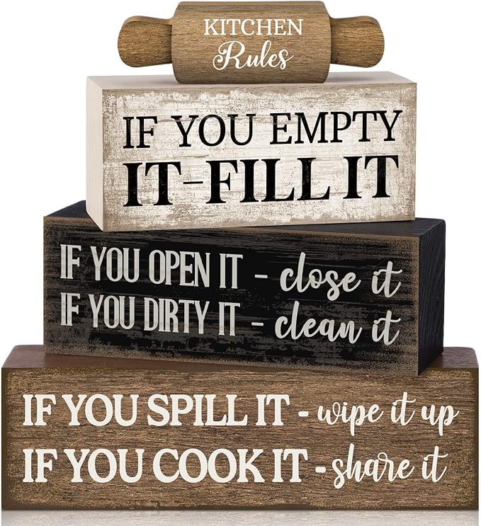 Moucuny 4 Pcs Rustic Wooden Table Decor Farmhouse Kitchen Rules Wood Sign Black Brown and White Centerpiece Rolling Pin Block Sign for Home Living Room Dining Room Shelf Table Decor by Moucuny