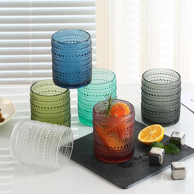 KMIGRUAN Colored Hobnail Drinking Glasses Set of 6,12oz Vintage Kitchen Glassware,Embossed Beaded Glass Cups,Water Tumbler for Cocktail,Juice and Various Mixed Drinks - Image 2