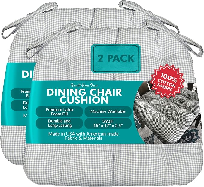 Barnett Home Decor Dining Chair Cushions with Ties – Size Small 15 x 17 - Latex Foam Fill, 100% Cotton, Machine Washable Chair Pads for Kitchen Chairs, Made in USA (Madrid Grey/Pack of 2) by BarnettHomeDecor