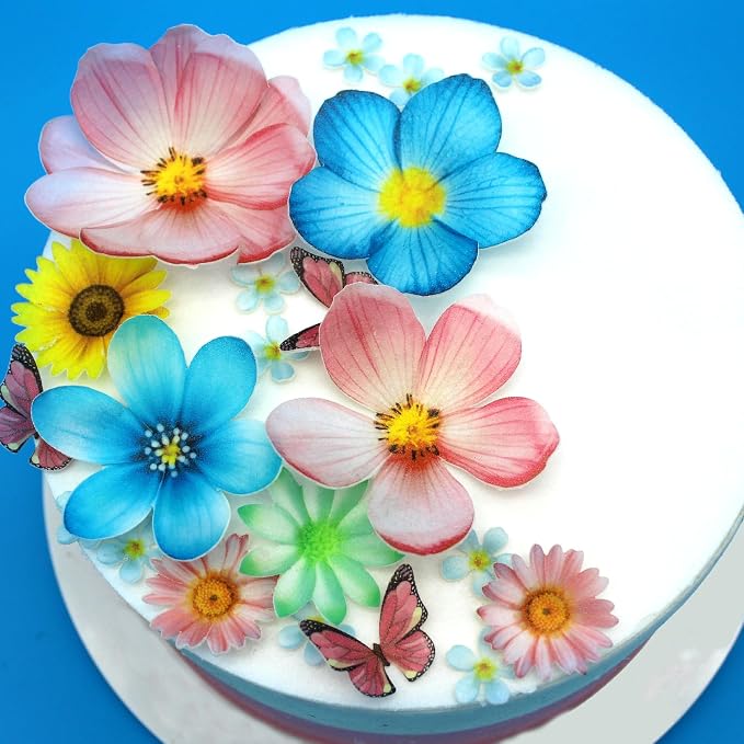Set of 55 Edible Flowers & Butterflies Cupcake Toppers Wedding Cake Party Food Decoration Mixed Size & Colour for Anniversary (Flower Butterfly) by KOOTIPS