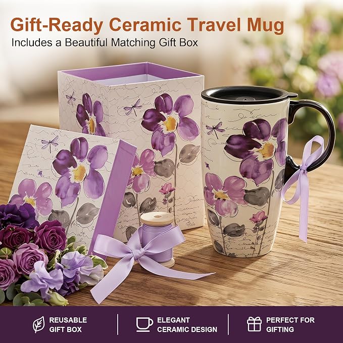 Topadorn 17oz Ceramic Travel Mug with Lid, Tall Purple Floral Coffee Mug | Large Ceramic Coffee Mug with Handle, Microwave & Dishwasher Safe, Matching Gift Box Included for Coffee, Tea and Latte - Image 7