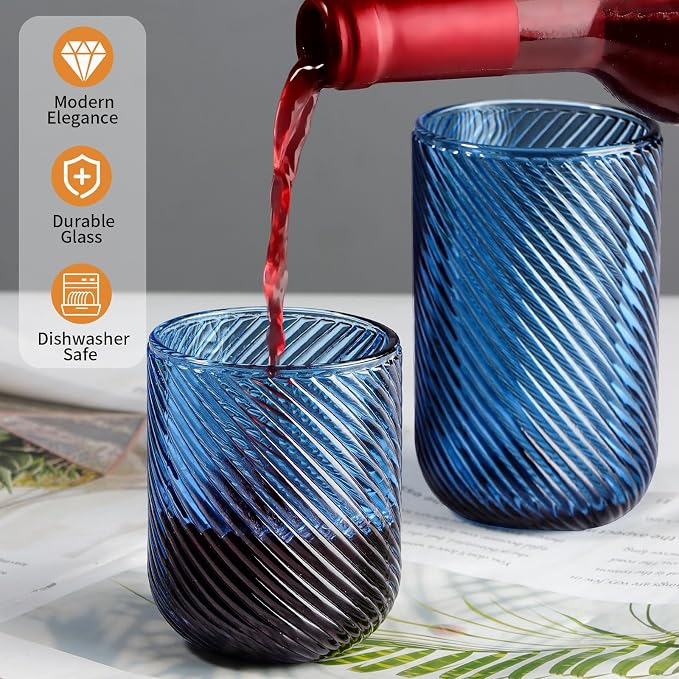 Set of 8 Ribbed Glassware,4 Highball Glasses 14oz & 4 Rocks Drinking Glasses 9oz, Origami Style, Fluted Design, for Milk, Water, Cocktail, Juice, Beer, ToothBrush Cup, Gif (Leaning Blue) - Image 3
