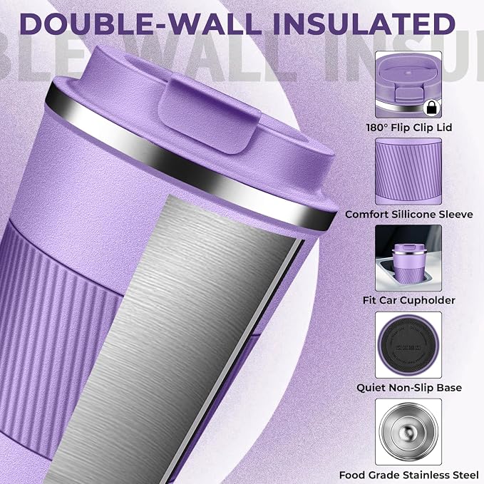 Insulated Coffee Tumbler 12 oz, Stainless Steel Coffee Mug with Lids, Travel Coffee Mug Leak Proof, Double Wall Vacuum Insulated Reusable Coffee Cup, Keep Drinks Hot and Cold (Lavender, 12 Ounces) - Image 4