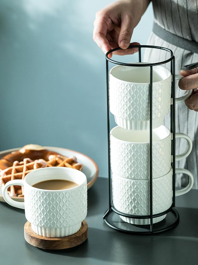 LYEOBOH Stackable Coffee Mugs with Rack, 13 oz Ceramic Coffee Mug Set of 4 with Stand, Latte Cup with Spoon, Cappuccino Cups for Hot Cocoa, Milk, White - Image 7